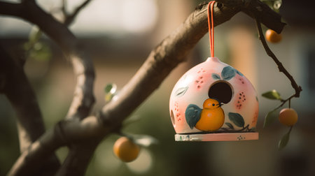 Birdhouse hanging on a tree in the garden, vintage style.の素材