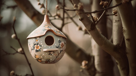 Beautiful birdhouse in the spring garden. Vintage style photo.の素材