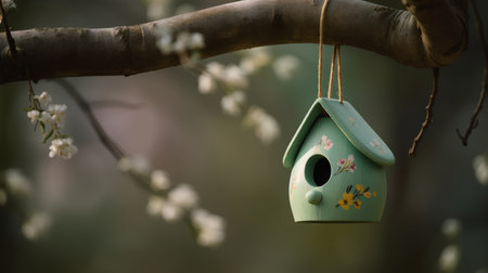 Beautiful birdhouse hanging on a tree branch in spring time.の素材