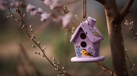 Handmade birdhouse hanging on a branch in the spring garden.の素材