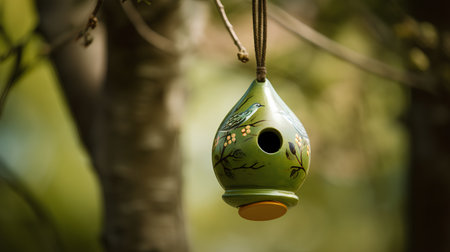 Handmade birdhouse hanging on a tree in the garden. Selective focus.の素材