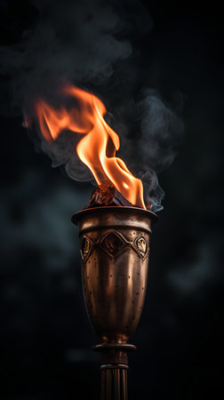 Torch with flame and smoke on dark background. 3d renderingの素材