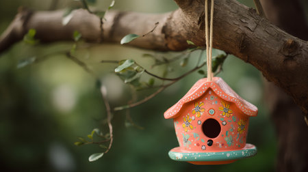 Handmade birdhouse hanging on a tree branch. Selective focus.の素材
