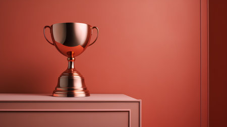 3D render of a golden trophy cup on a red background.の素材