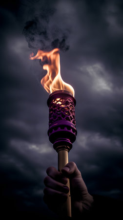 Torch in hand on dark sky background. 3D rendering.の素材