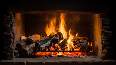 Fireplace with burning firewood in the fireplace on a black backgroundの素材
