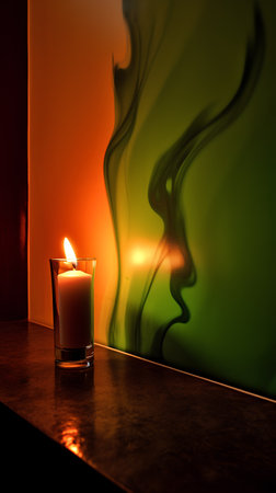 Candle in a glass on the background of a colored wall.の素材