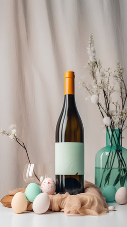 Wine bottle and easter eggs on white table, copy spaceの素材