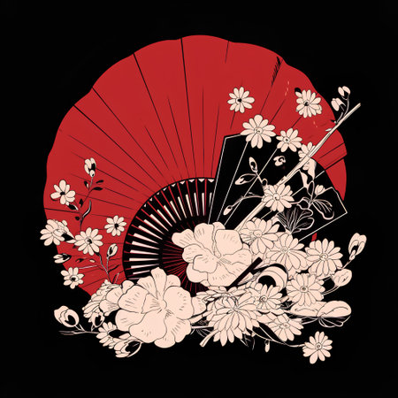 Japanese fan with flowers. Vector illustration. Isolated on black background.の素材