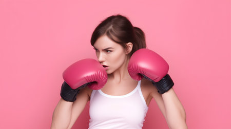 Portrait of a beautiful young woman with boxing gloves on a pink backgroundの素材
