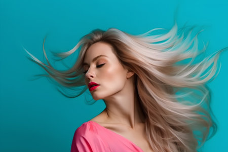 Portrait of beautiful young woman with flying hair on turquoise backgroundの素材
