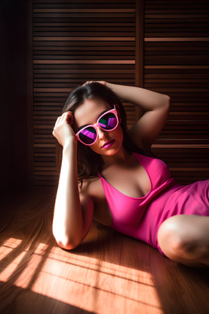 Beautiful brunette woman in pink swimsuit and sunglasses lying on wooden floorの素材