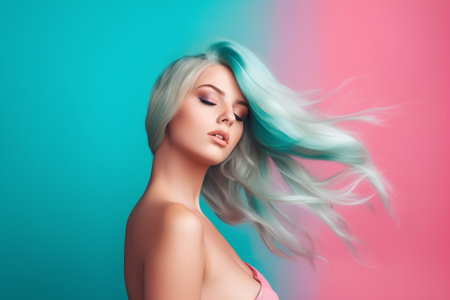 Portrait of beautiful woman with turquoise hair on color backgroundの素材