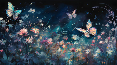 Vintage floral background with flowers and butterflies. Hand-drawn illustration.の素材
