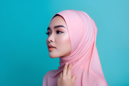 Portrait of beautiful asian muslim woman with pink hijab.の素材