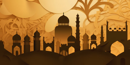 Ramadan Kareem background with mosque and golden moon. Vector illustrationの素材
