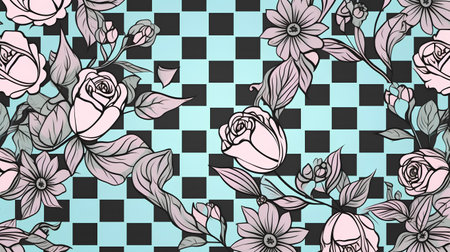 Seamless pattern with hand drawn flowers on checkered backgroundの素材