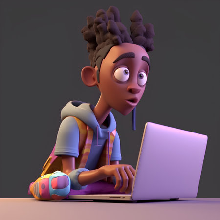 Cartoon character with backpack using a laptop computer - 3D Illustrationの素材