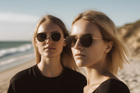 Portrait of two young beautiful women in sunglasses on the beach.の素材