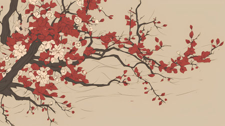 Hand drawn vector illustration of cherry blossom tree branches with red leaves.の素材