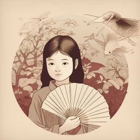 Illustration of a Japanese girl holding a fan and a storkの素材