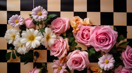 Beautiful flowers on checkered background. Flat lay, top view.の素材