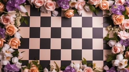 Chess board with flowers on the checkered background, copy spaceの素材