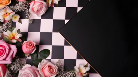 Blackboard and pink roses on checkered background. Copy spaceの素材