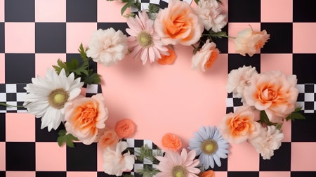 Beautiful floral frame on a checkered background with copy spaceの素材