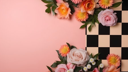 Flowers and chess board with copy space for text on pink backgroundの素材