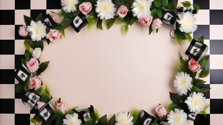 Frame of flowers on a checkered background with space for textの素材