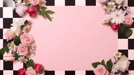 pink and white flowers frame on checkered background with copy spaceの素材