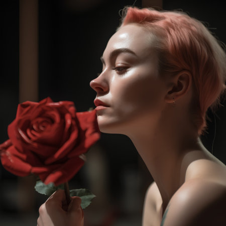 Portrait of a beautiful girl with a red rose on a dark backgroundの素材