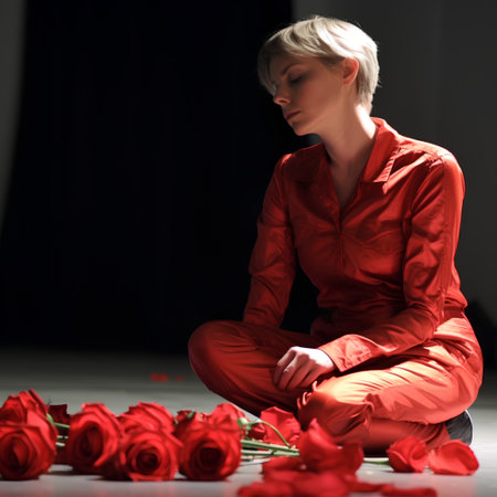 Beautiful young woman in red clothes sitting on the floor with red rosesの素材