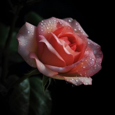 Beautiful pink rose with water drops on petals on black backgroundの素材