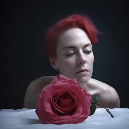 Portrait of a beautiful young woman with red hair and a roseの素材