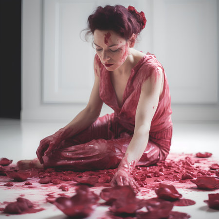 Beautiful woman in red dress with blood on her face sitting on the floorの素材