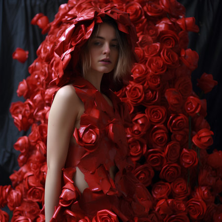Beautiful girl in a red dress with red roses on a black backgroundの素材