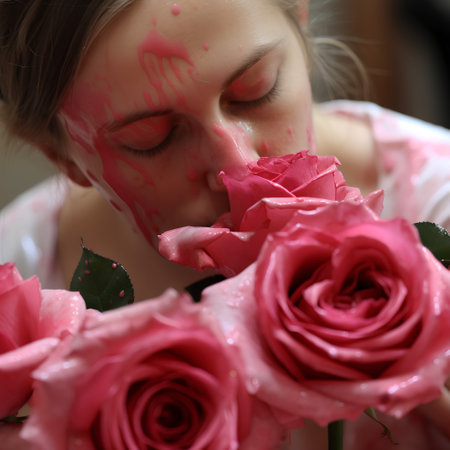Young woman with pink roses and drops of blood on her face.の素材