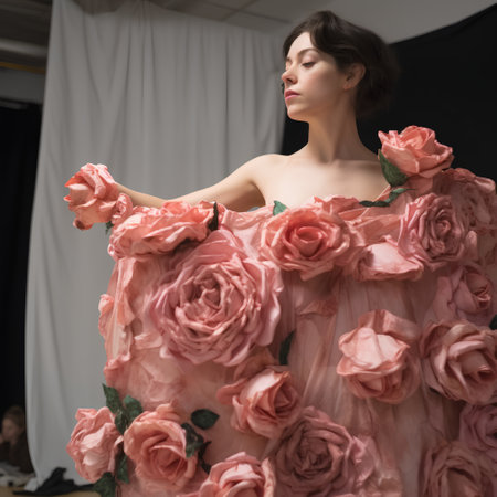 Fashionable young woman in a pink wedding dress with roses.の素材