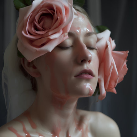 Portrait of a beautiful young woman with pink roses in her hairの素材