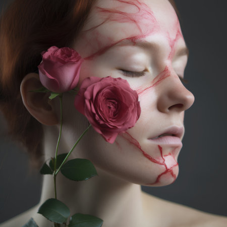Portrait of beautiful young woman with rose flower on her face.の素材