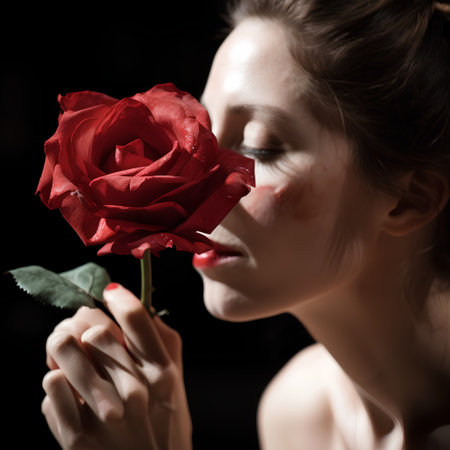 Beautiful young woman with red rose on black background, closeupの素材