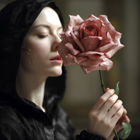 Portrait of a beautiful girl with a rose in her hands.の素材