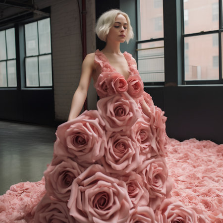 Portrait of a beautiful blonde girl in a pink dress with rosesの素材