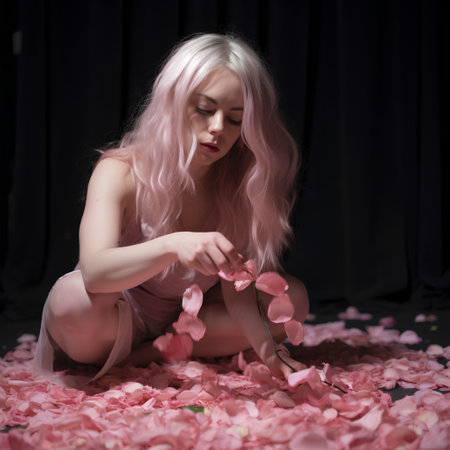 Beautiful girl with pink hair and rose petals on black backgroundの素材