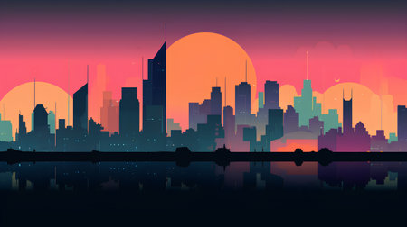 Cityscape at sunset with reflection on the water. Vector illustration.の素材
