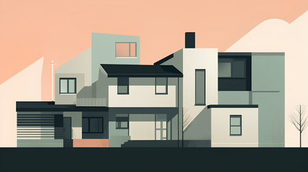 Vector illustration of modern houses in flat style. Modern city landscape.の素材