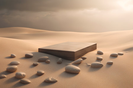 Wooden podium in the desert. 3d render illustration with copy spaceの素材