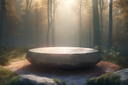 3d render of a stone podium in a fantasy forest with fogの素材